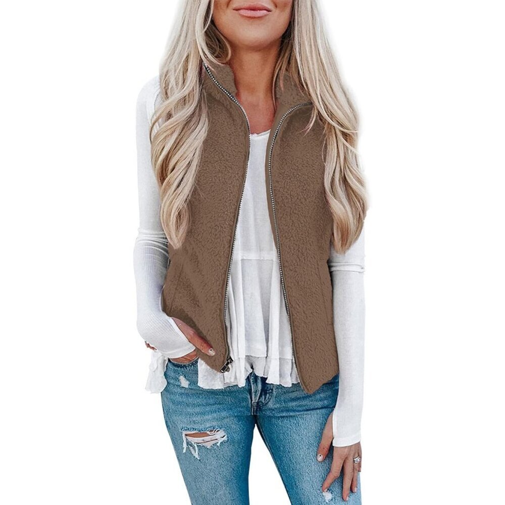 Women's Brown Sherpa Fleece Jacket Lightweight Vest Cozy Sleeveless Cardigan